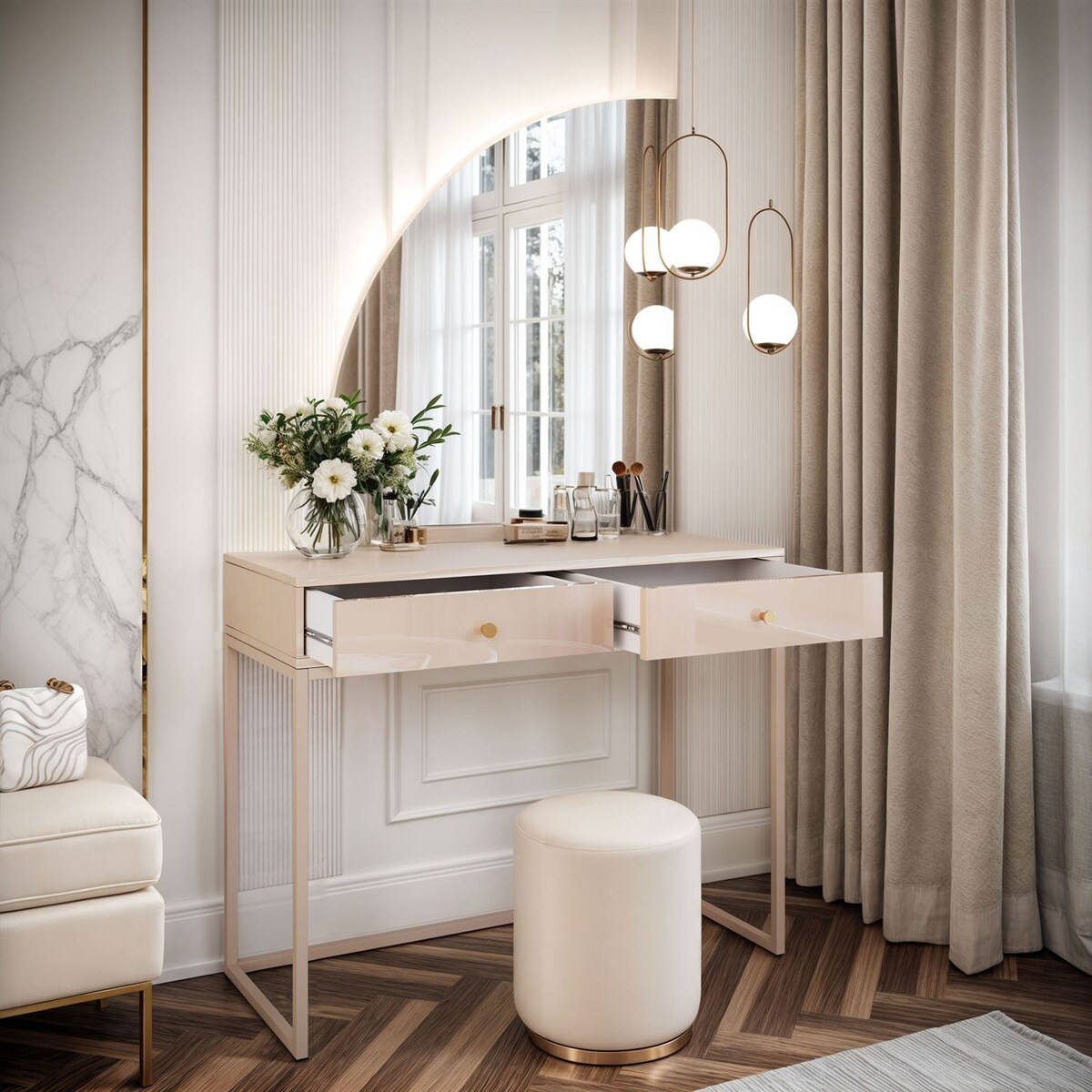 Toaletka kosmetyczna QUINNIE KASZMIR z lustrem LED złoty chrom, lewa, uchwyt złoty chrom