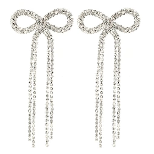 Srebrne kolczyki kokardki eleganckie błyszczące wieczorowe długie nitki