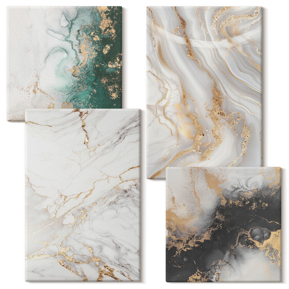 Zestaw 4 obrazów na płótnie - Abstrakcyjne wzory biel czerń zieleń - biały