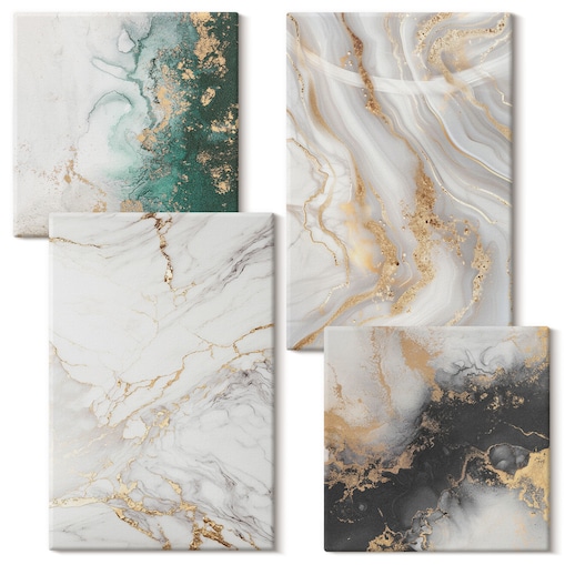 Zestaw 4 obrazów na płótnie - Abstrakcyjne wzory biel czerń zieleń - biały