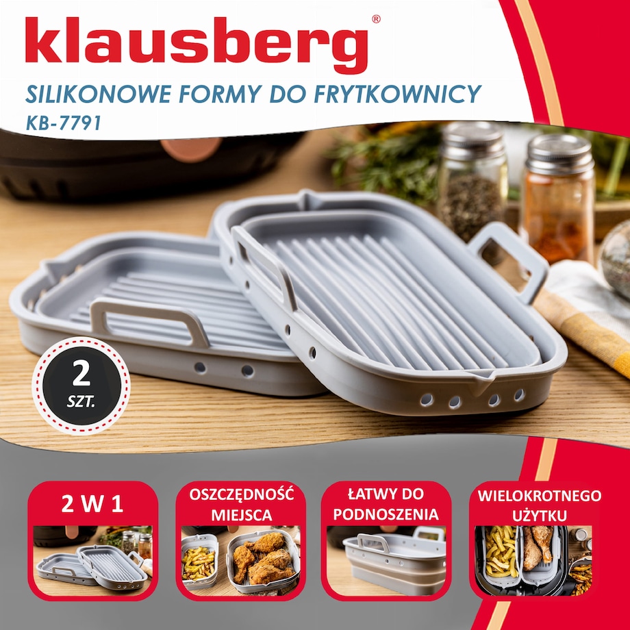 Zestaw wkładów silikonowych do frytkownicy beztłuszczowej 2 sztuki prostokątny 20.5x14.5cm składany KLAUSBERG