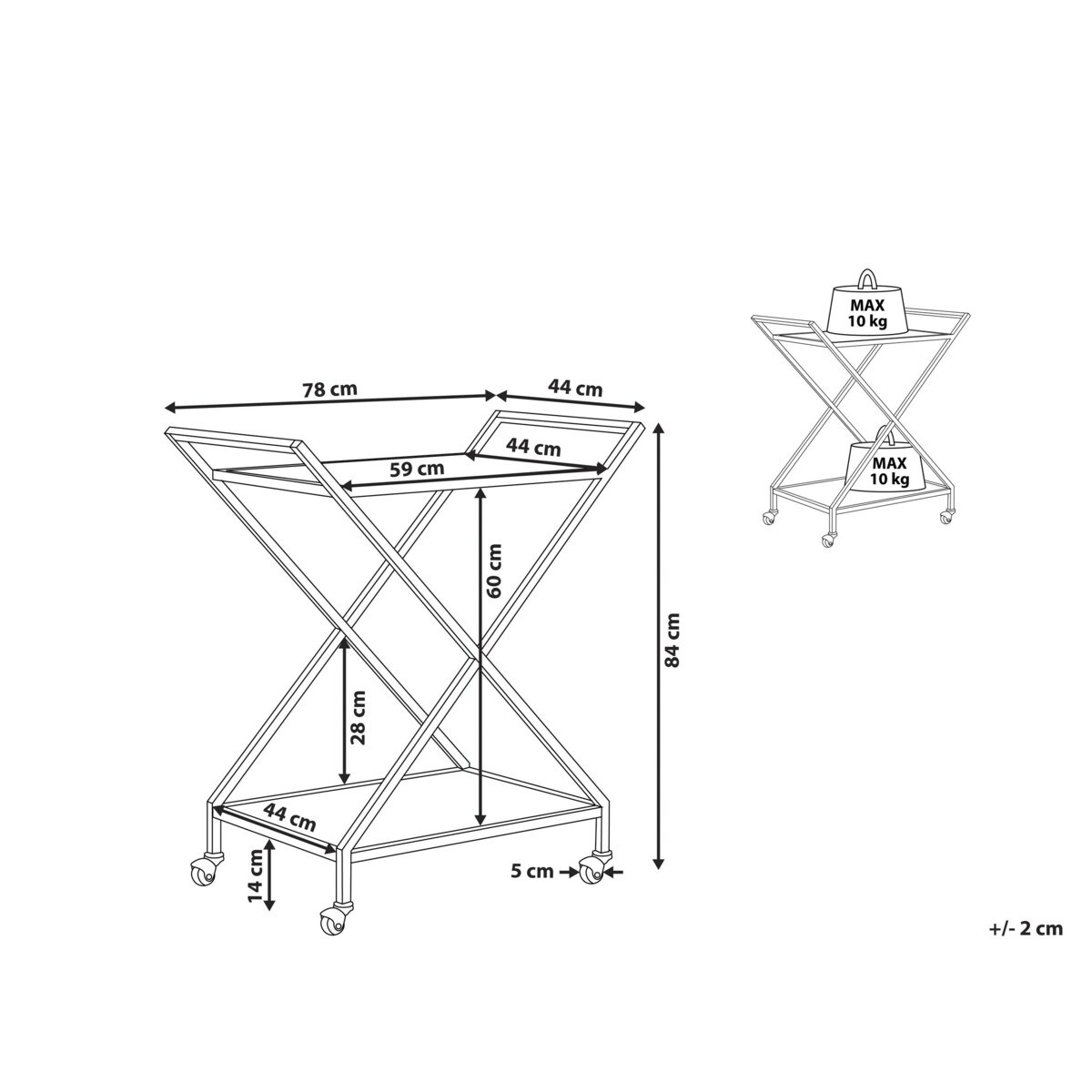 Metalowy wózek kuchenny 2-poziomowy ze szklanym blatem złoty IVERA