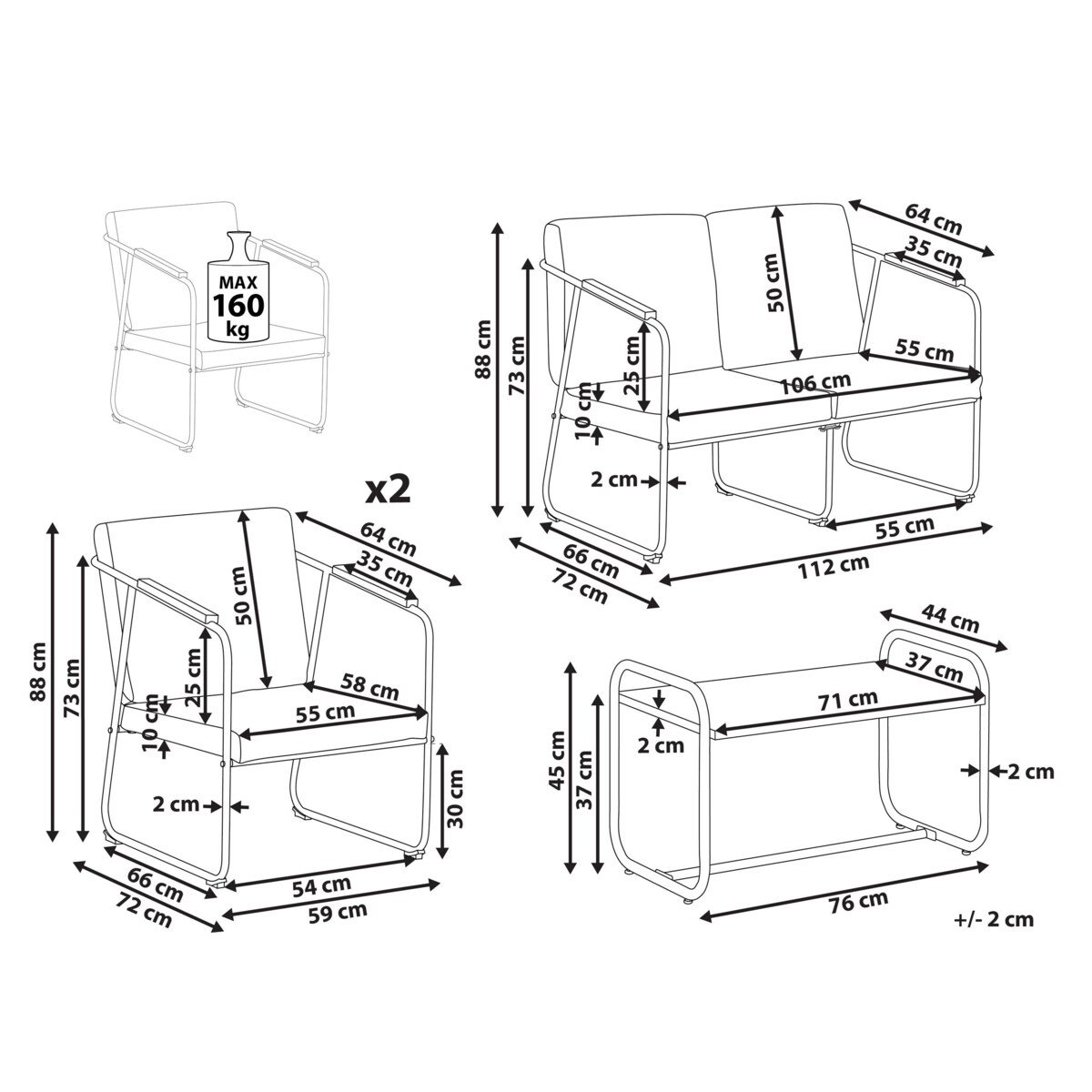 Duży zestaw wypoczynkowy dla 4 osób Stal Jasnobeżowy VEZZANA