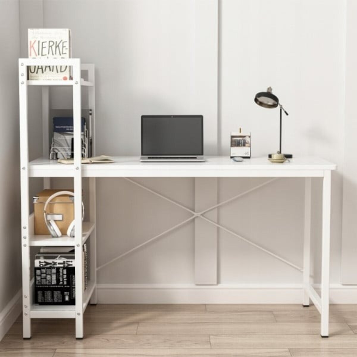 Biurko komputerowe stolik loft białe stół nowoczesne z regałem gamingowe