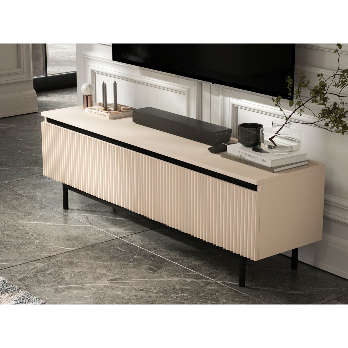 Nowoczesna Szafka RTV Komoda Glamour RTV Kaszmir Mat rama w kolorze czarnym 140 cm