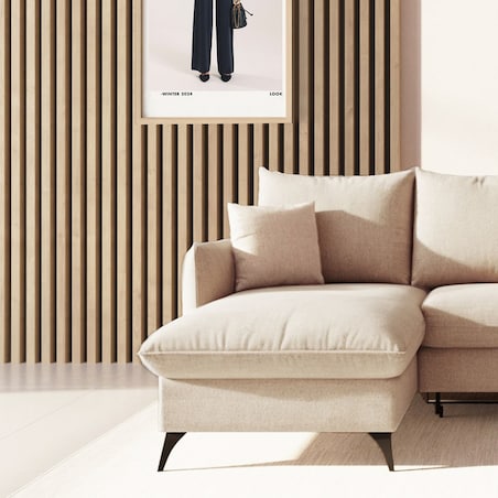 Brim Sofa narożna lewa z funkcją spania i pojemnikiem lewa jasno beżowa