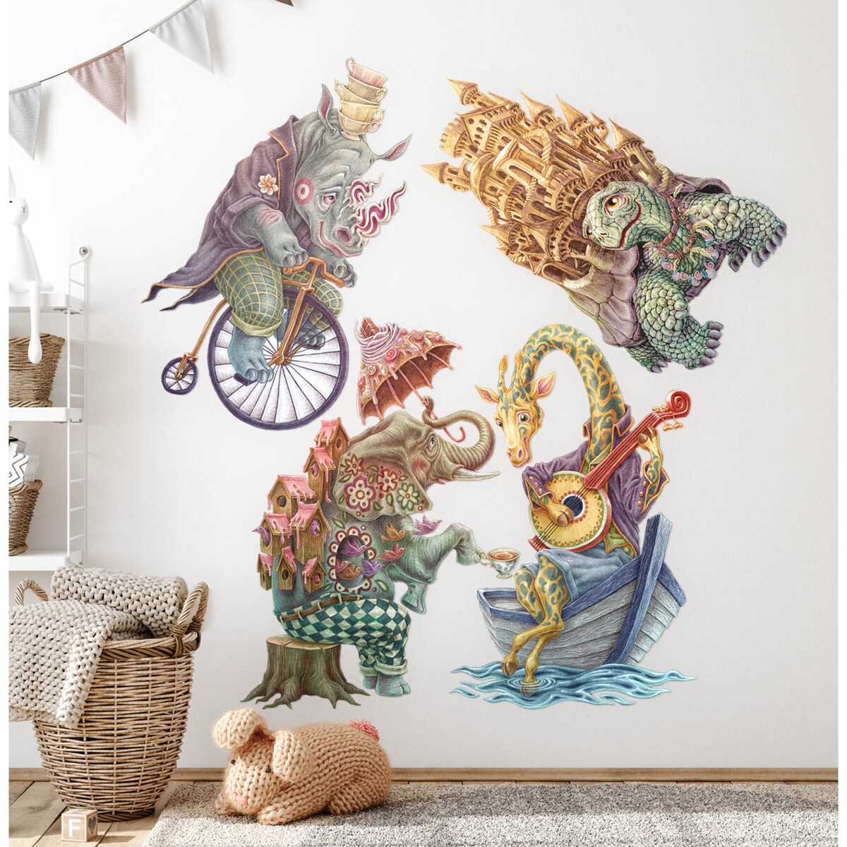 Zestaw naklejek na ścianę, Pastelowe bajkowe stworzenia, 100cm