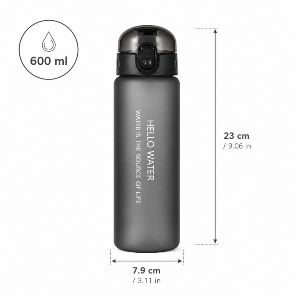 Butelka na wodę, sportowy bidon HELLO WATER 600ML czarny BD69