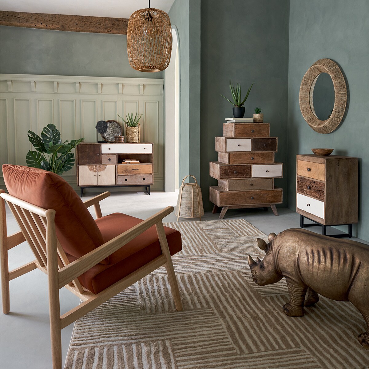 Lampka nocna w kształcie lampionu CARMEN, bambusowy klosz, wys. 49 cm