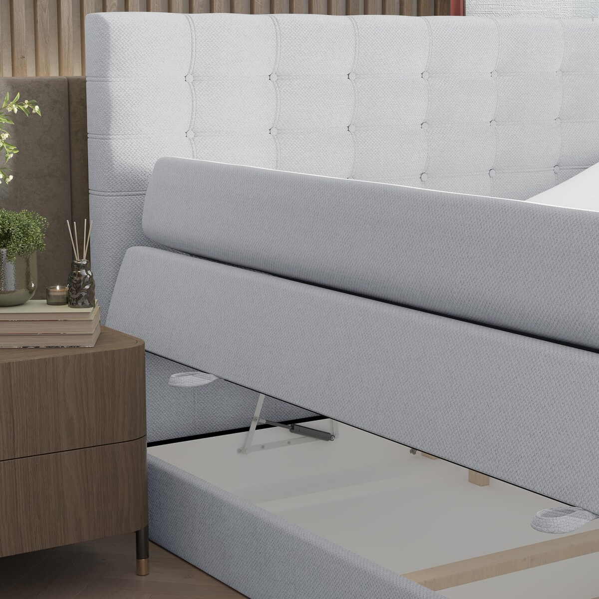 Łóżko kontynentalne STATE 200x200 z pojemnikiem, Jasny Szary, tkanina Megan 364