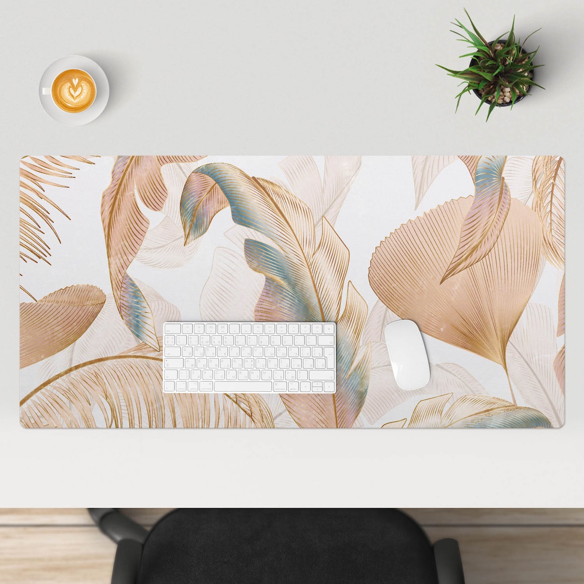 Beżowa mata na biurko Delikatne liście, 100x50 cm