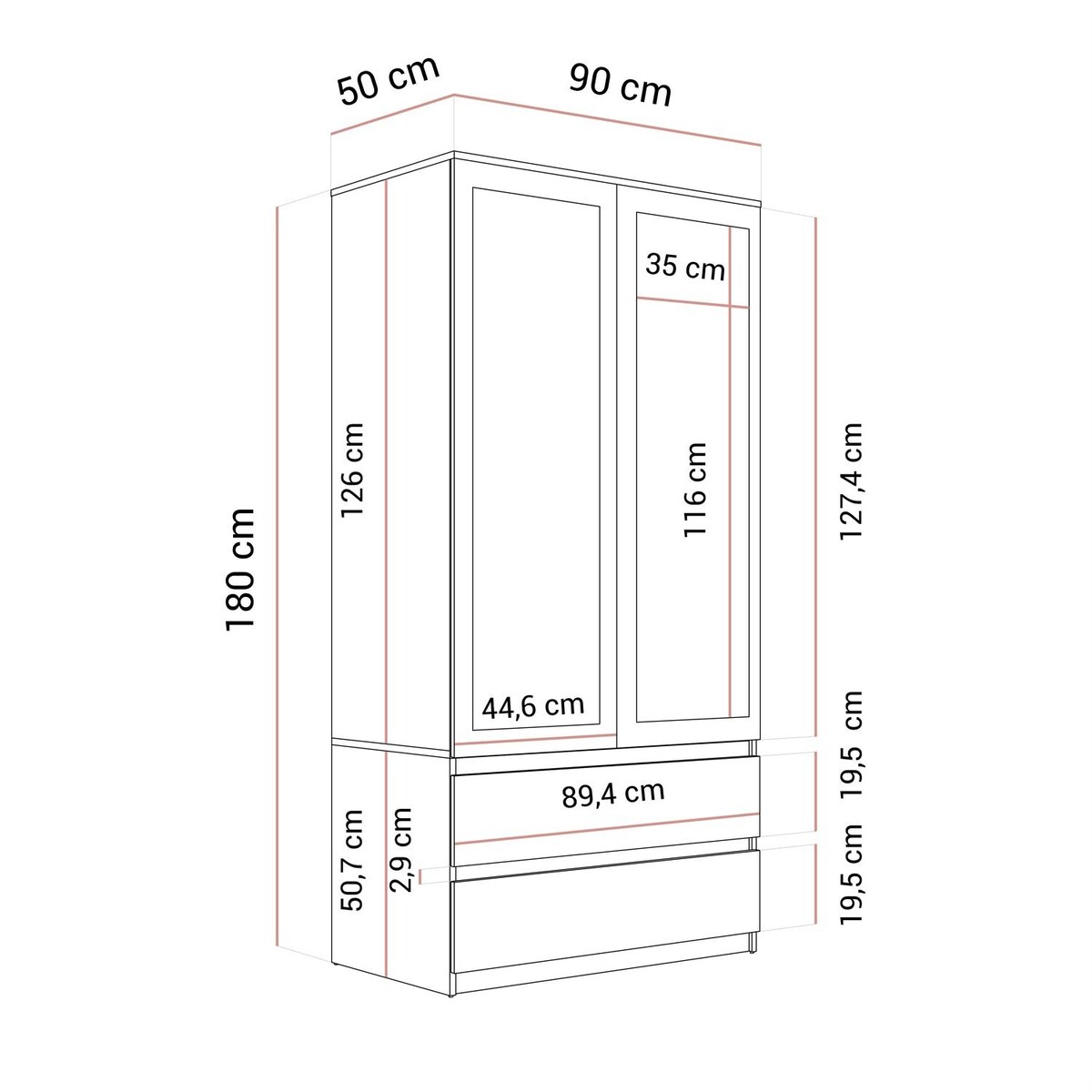 Dwudrzwiowa szafa HANA SS-90 z lustrem, kaszmir