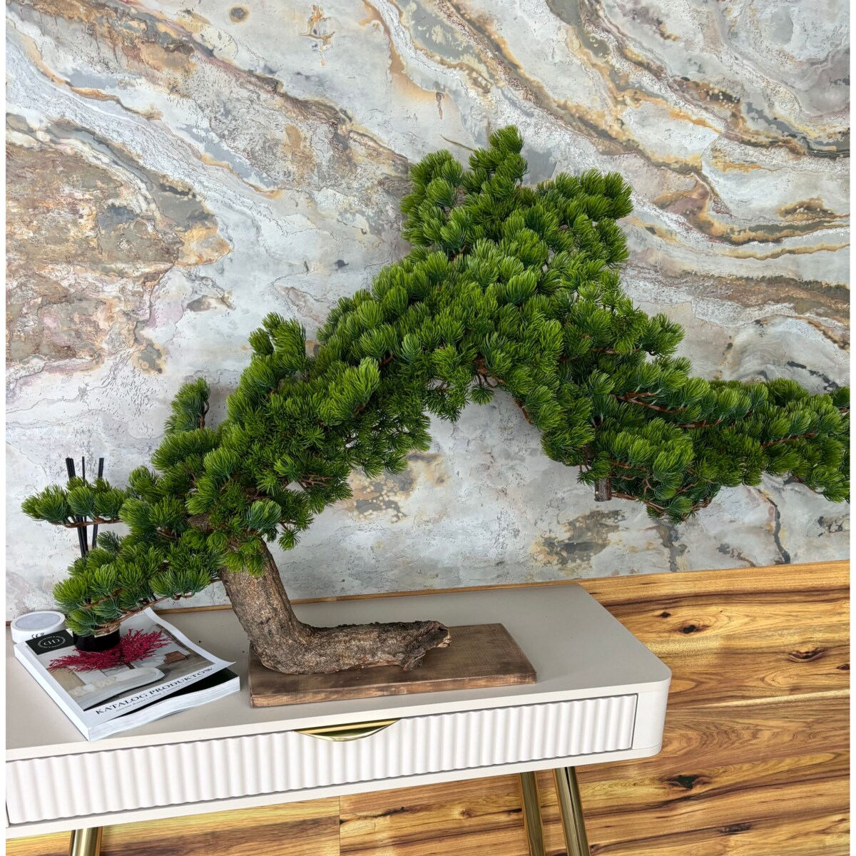 Duże iglaste bonsai na naturalnym pniu 130 cm długości i 70 cm wysokości