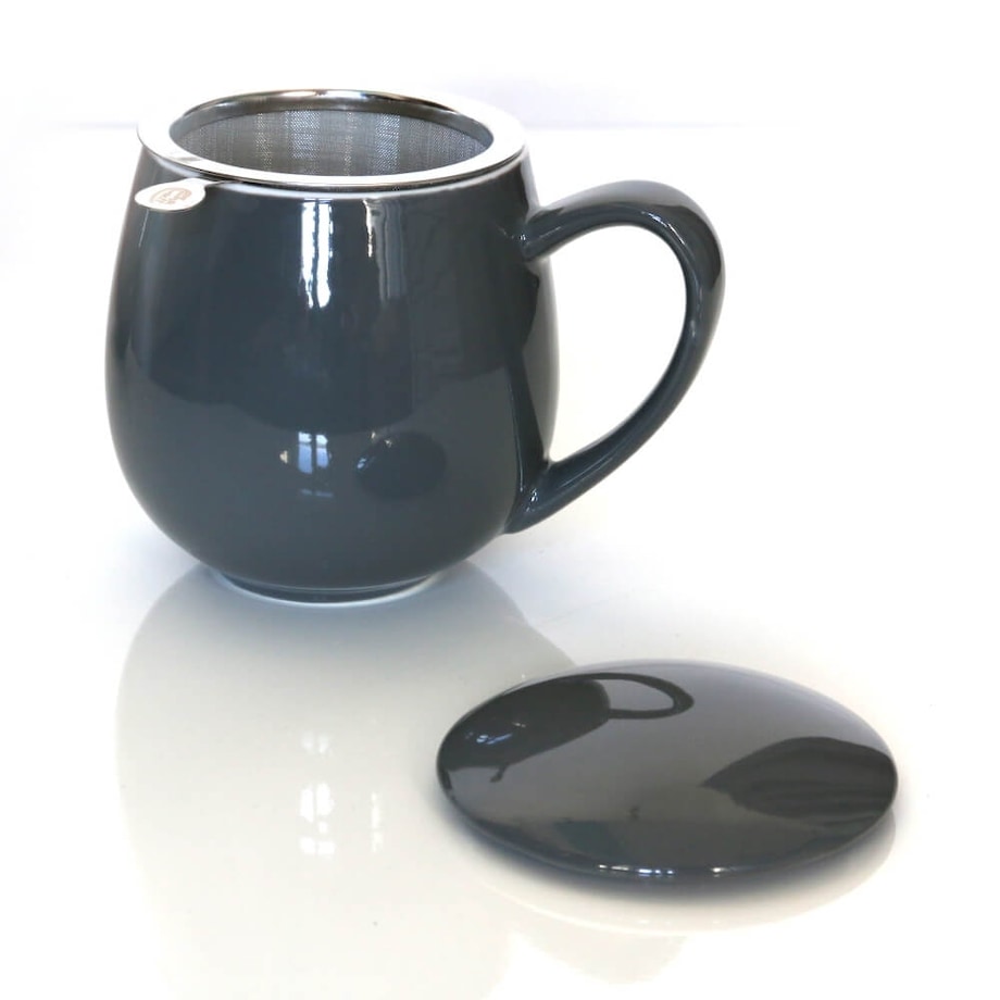 Kubek z zaparzaczem i pokrywką szary - idealny zestaw do przygotowania herbaty, perfekcyjny podarunek prezent dla mamy, taty, babci, dziadka