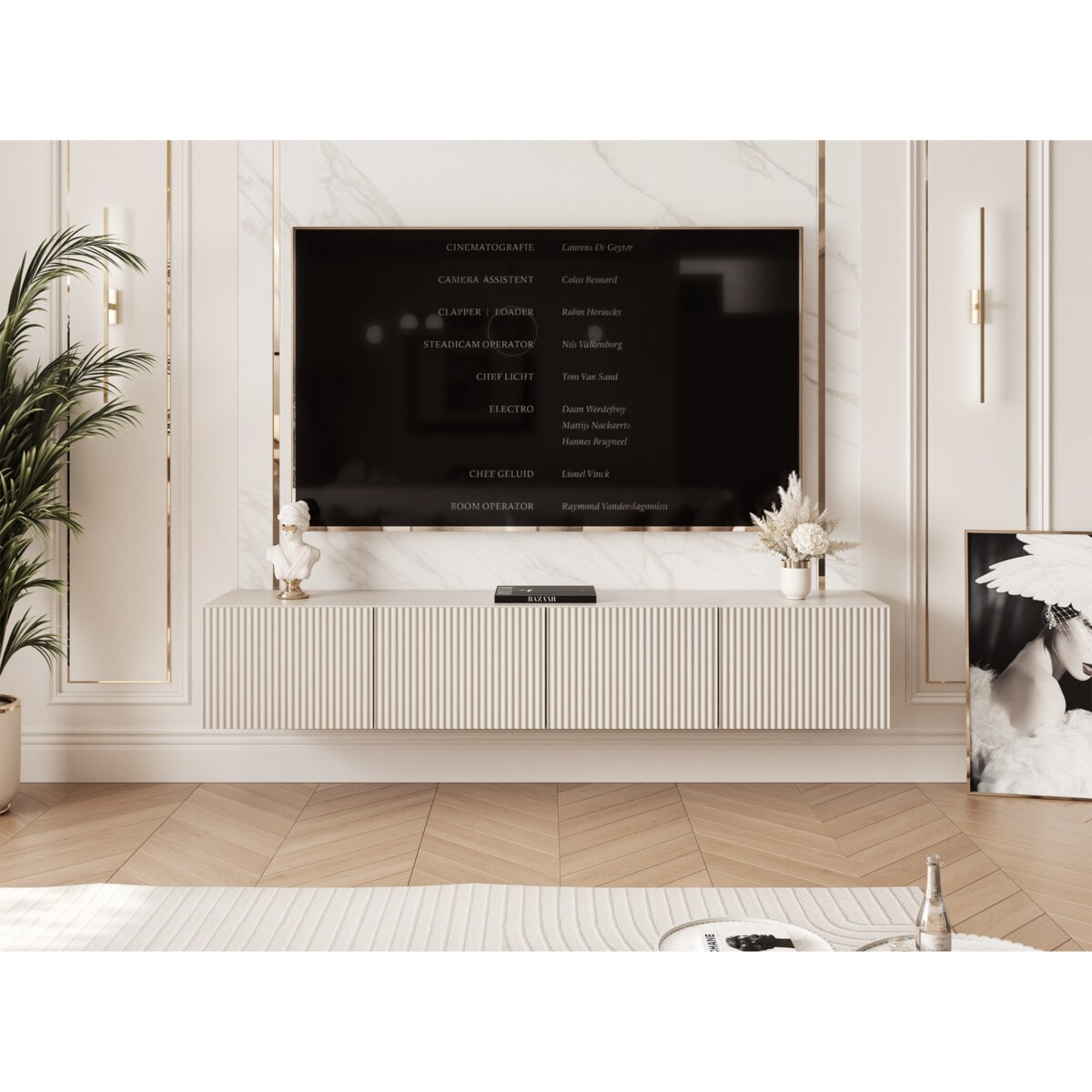 Szafka RTV wisząca KASZMIROWA ANGEL ryflowana 200 cm z oświetleniem LED