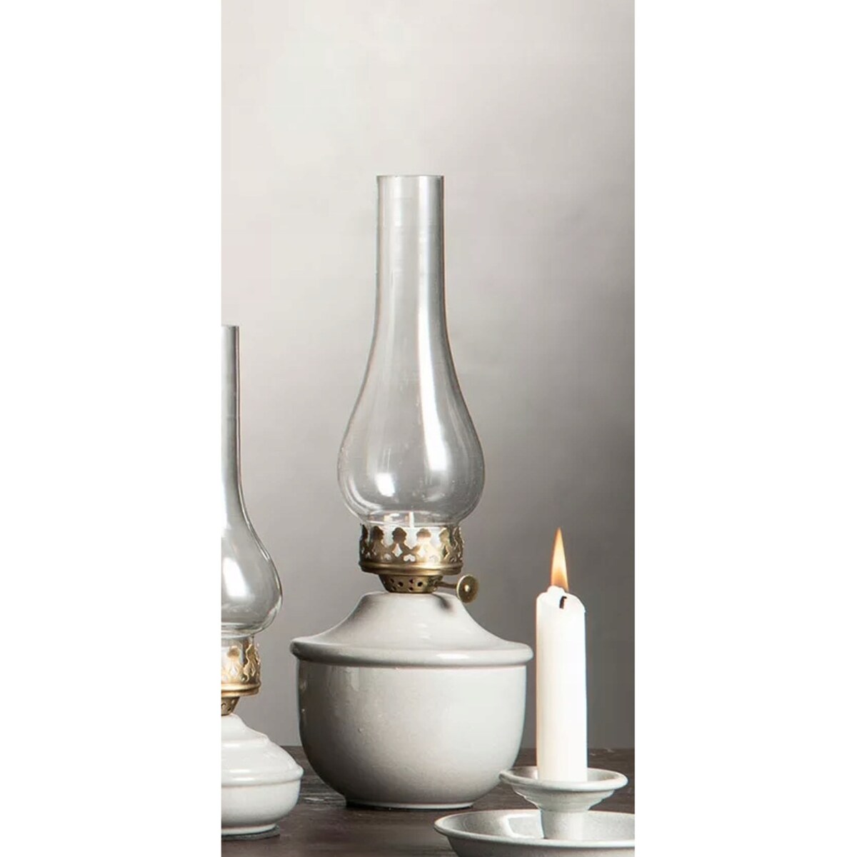 ŚWIECZNIK LAMPA NAFTOWA SZARY TEALIGHT szklany metalowy skandynawski 34cm
