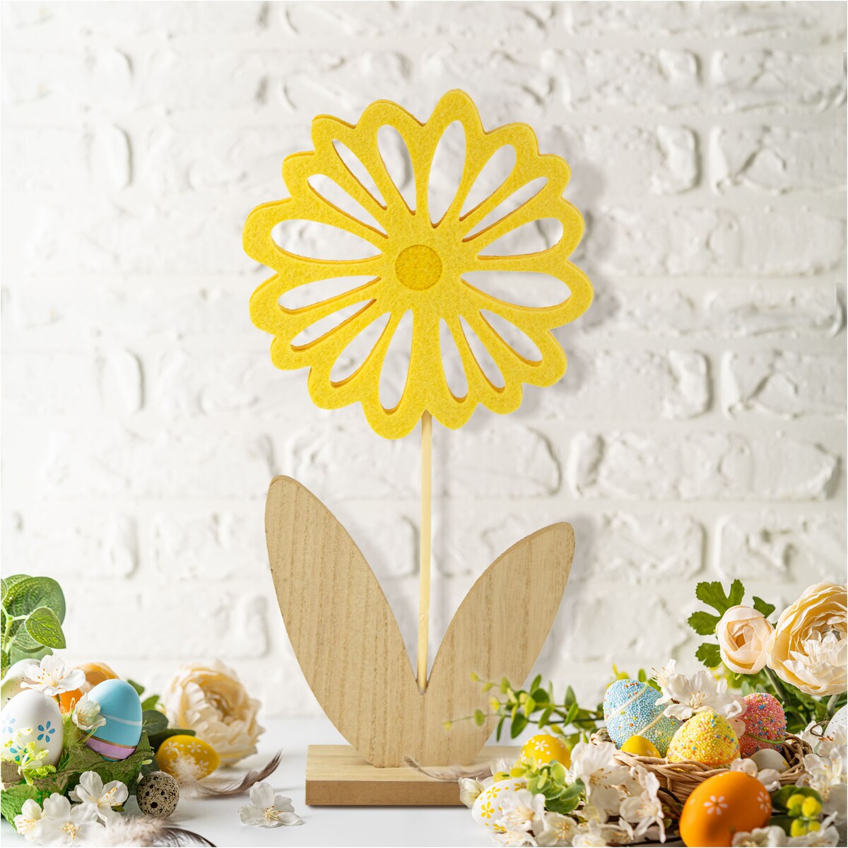 Kwiatek Drewniany 32 Cm Dekoracja Ozdoba Wielkanocna Na Stół Stokrotka Żółty