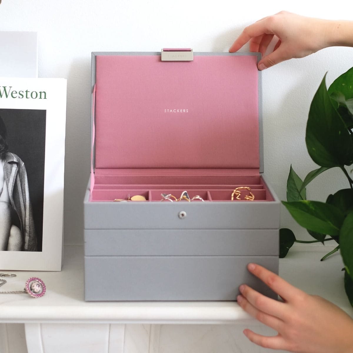 Szkatułka na biżuterię Stackers potrójna classic różowo-szara