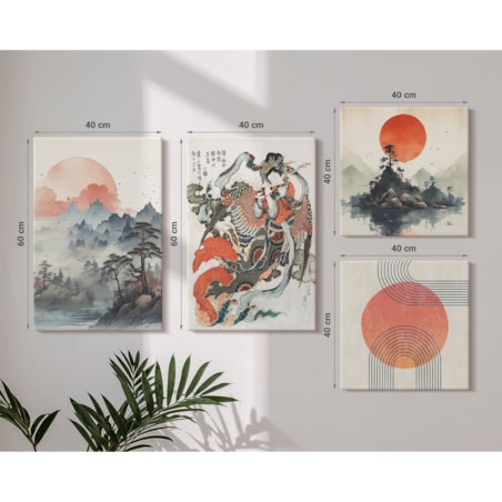 Zestaw 4 obrazów na płótnie - Azjatyckie pejzaże japandi - beżowy
