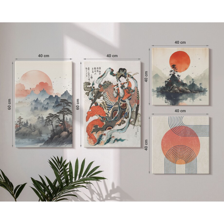 Zestaw 4 obrazów na płótnie - Azjatyckie pejzaże japandi - beżowy
