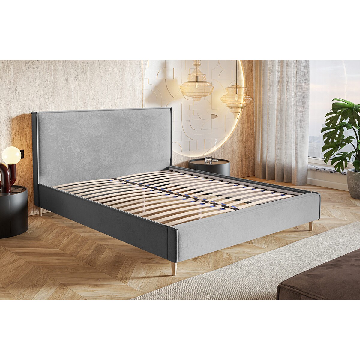 Łóżko sypialniane 160x200 LUXO 8, drewniane nogi, tkanina welur - szare