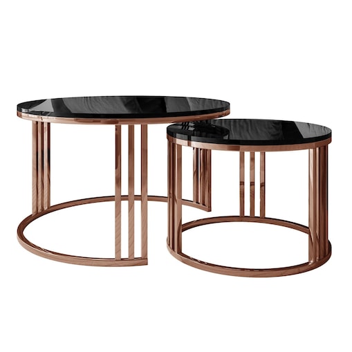 Zestaw stolików kawowych LORI 2w1 połysk, miedziana podstawa, czarny połysk