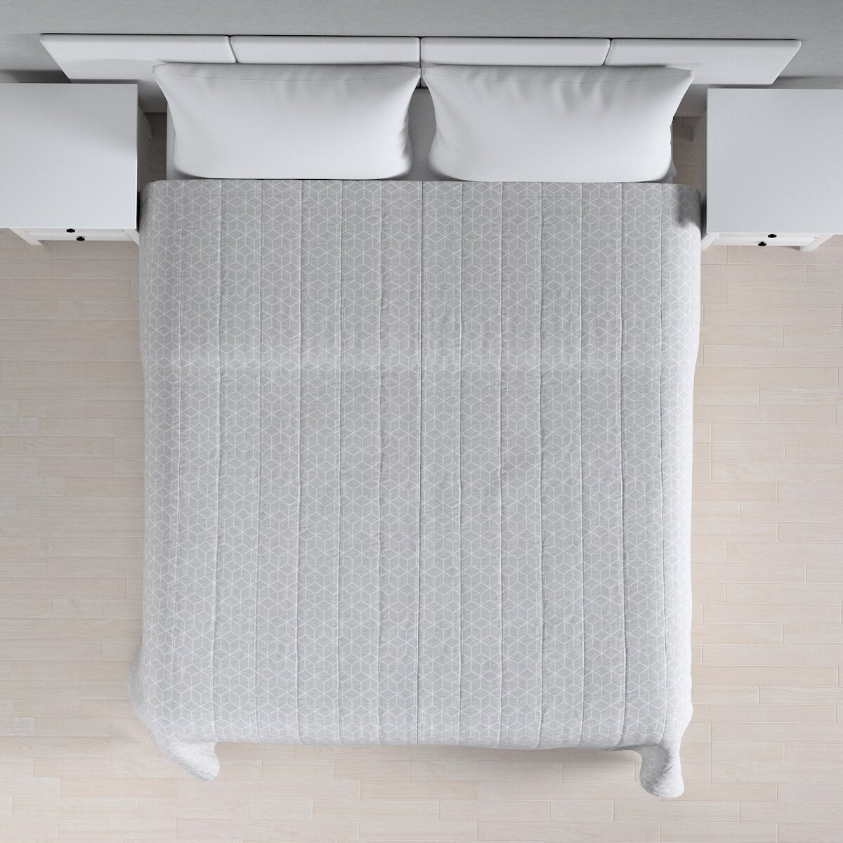 Narzuta pikowana w pasy 260x210 wzór sześcianów na szarym tle