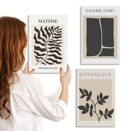 Zestaw 3 małych obrazów na płótnie - Minimalistyczne postery roślinne - beżowy