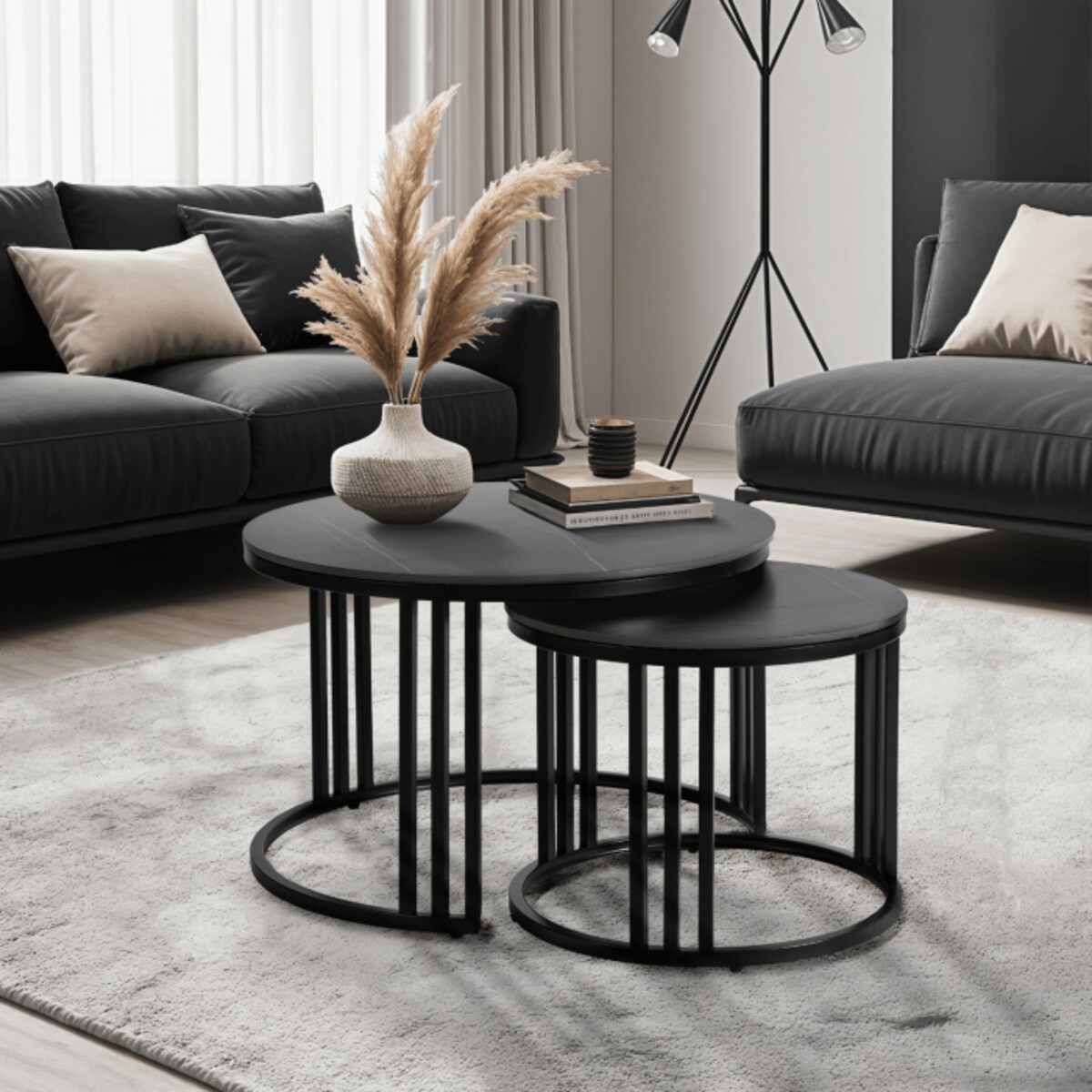 Stolik Kawowy Okrągły Ceramiczny Czarny Marmur Ława Glamour 2w1 JERRY