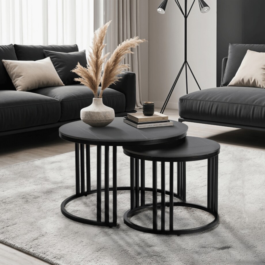 Stolik Kawowy Okrągły Ceramiczny Czarny Marmur Ława Glamour 2w1 JERRY