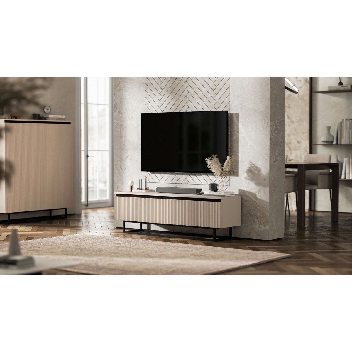 Komoda Glamour Szafka RTV Kaszmir MAT ryflowane fronty czarny stelaż 110,8 cm