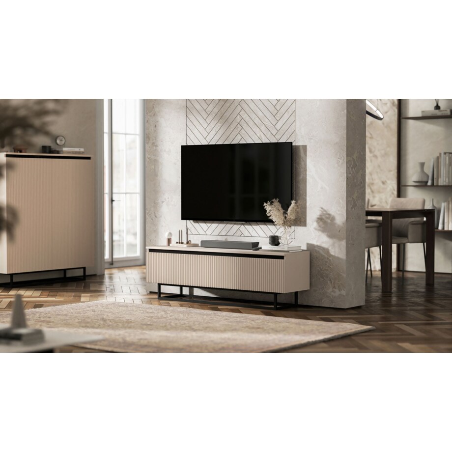 Komoda Glamour Szafka RTV Kaszmir MAT ryflowane fronty czarny stelaż 110,8 cm