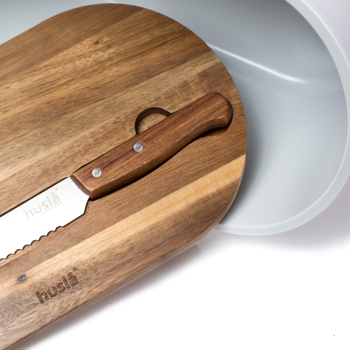 Plastikowy chlebak z deską do krojenia oraz nożem HUSLA