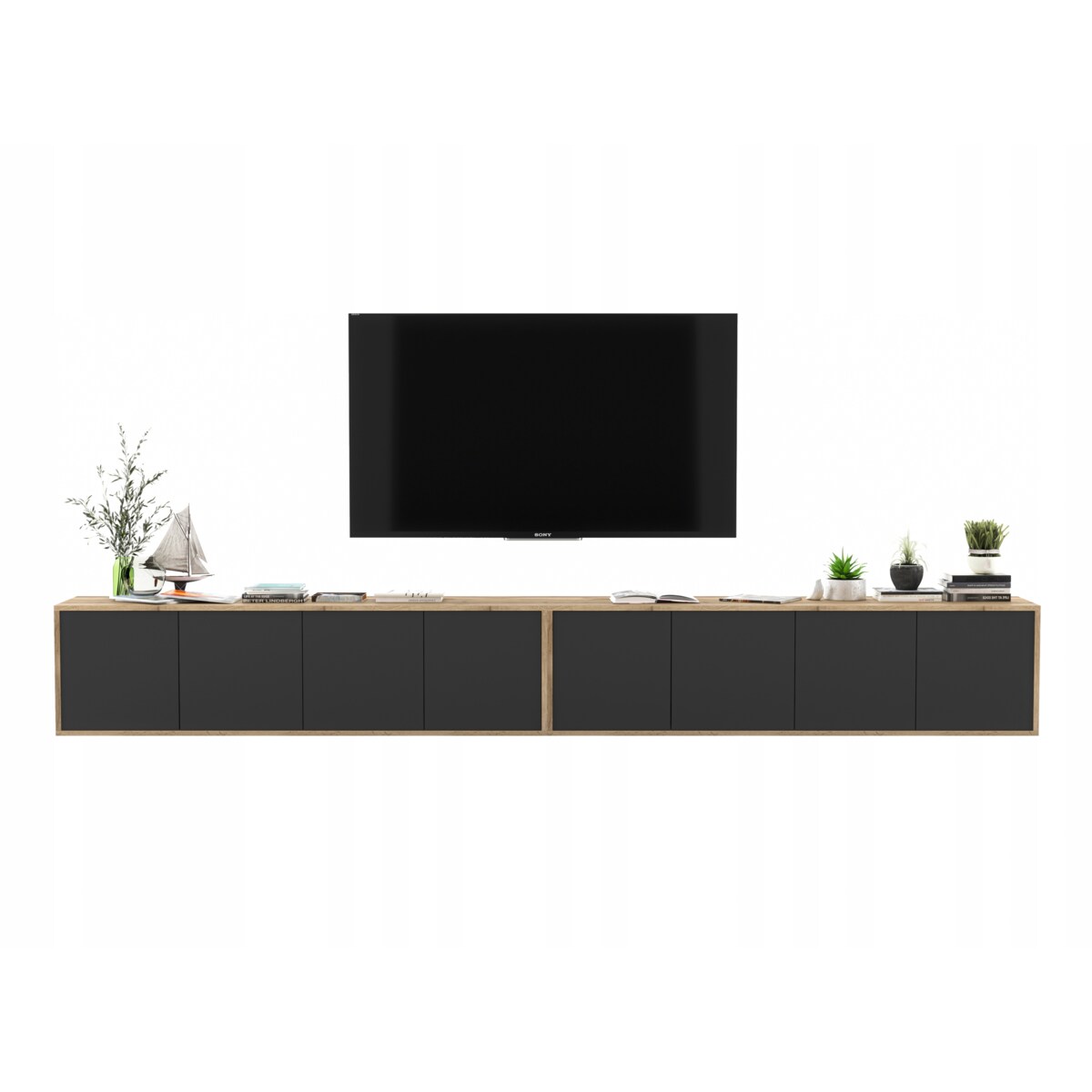 Wisząca Szafka RTV Loft Komoda RTV Dąb Wotan Czarny MAT 300 cm