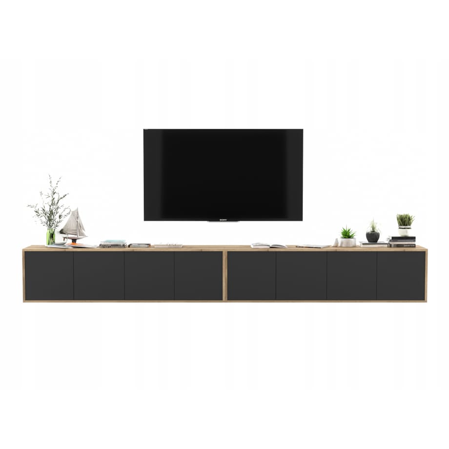 Wisząca Szafka RTV Loft Komoda RTV Dąb Wotan Czarny MAT 300 cm