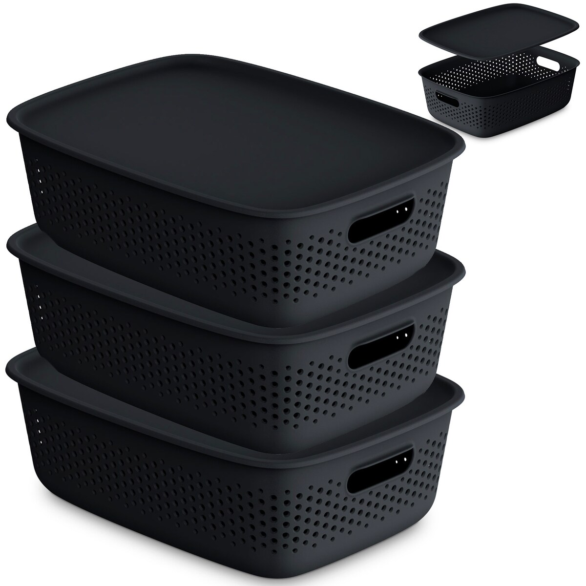 3X Pojemnik Plastikowy Ażurowy Pudełko Z Pokrywą Pojemniki Box 10L Czarny