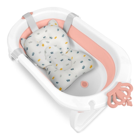 Wanienka składana dla dziecka niemowląt silikonowa z poduszką Ricokids biało-różowa