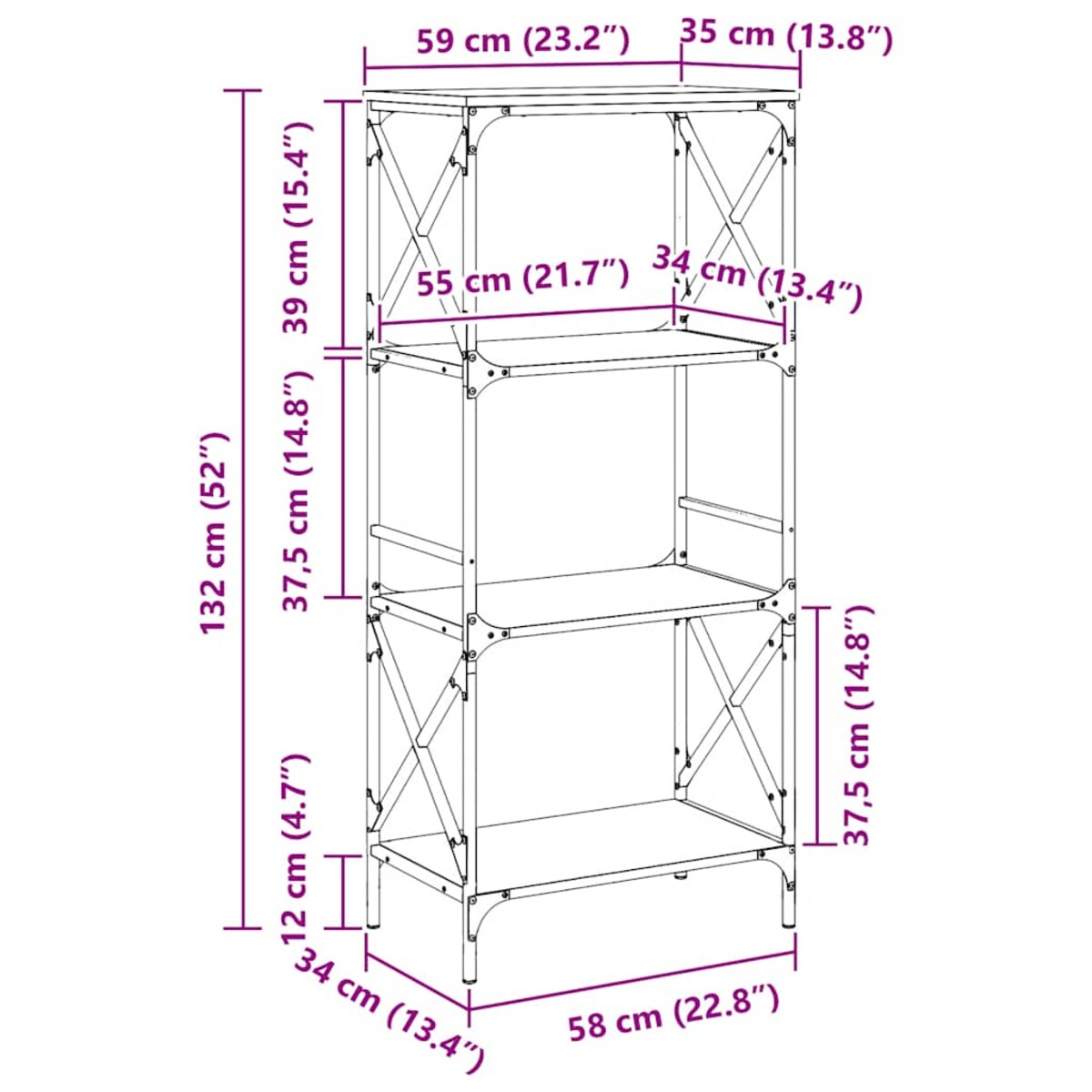 vidaXL 4-poziomowy regał na książki, czarny, 59x35x132 cm