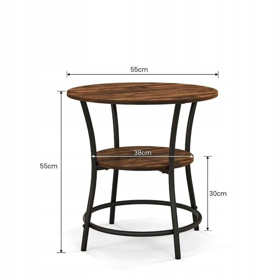 Stolik kawowy industrialny okrągły z półką brąz loft 55 cm