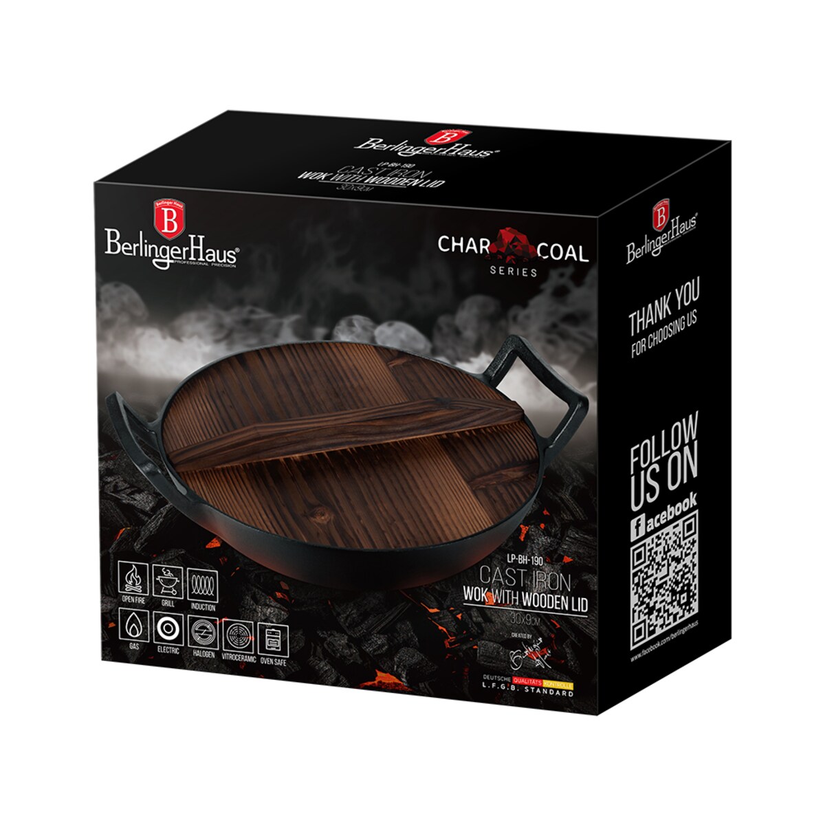 Wok żeliwny z drewnianą pokrywką 30 cm BerlingerHaus BH-6537