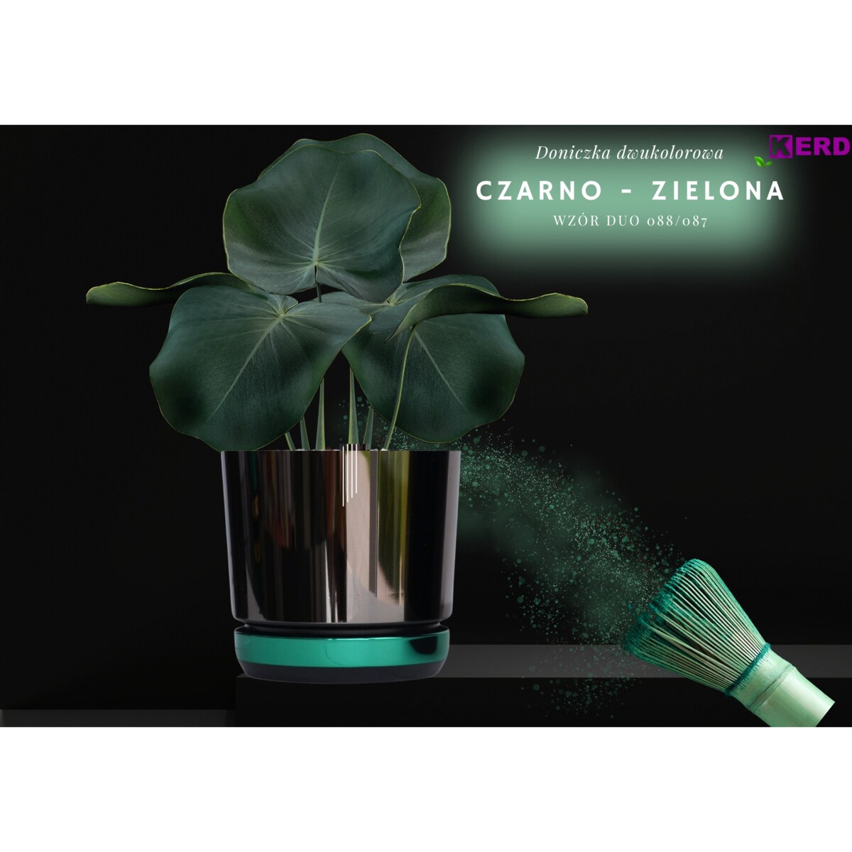 16 Doniczka DUO CZARNA z podstawką ZIELONA dwukolorowa nowoczesna industrialny loft glamour wysoki połysk metaliczna elegancka