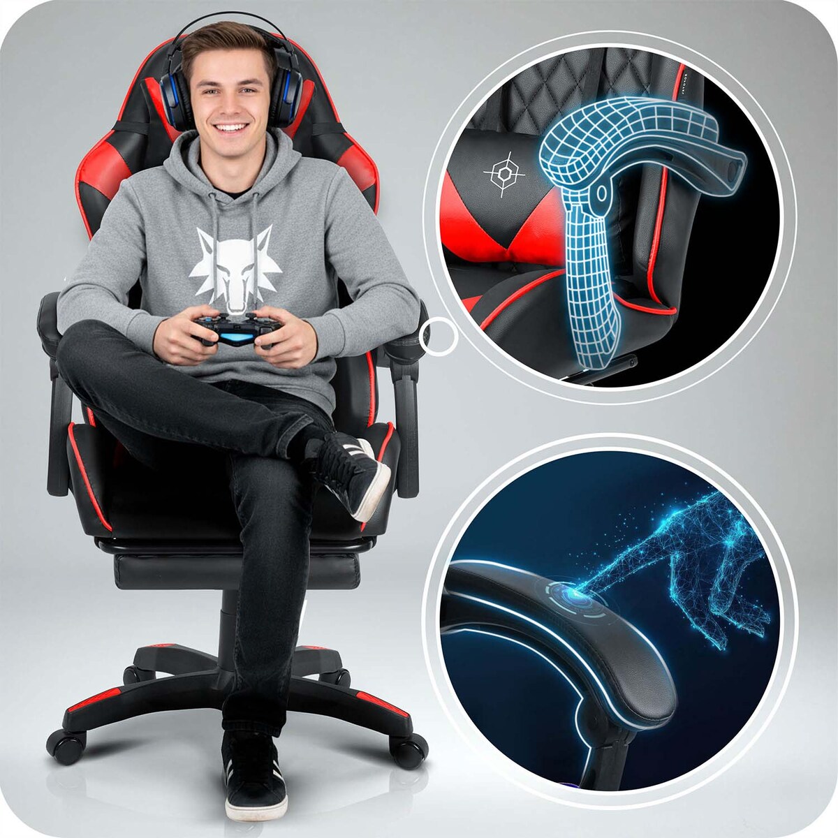 Fotel gamingowy Sofotel Draknor II czarno-czerwony krzesło gracza poduszki podnóżek 242501