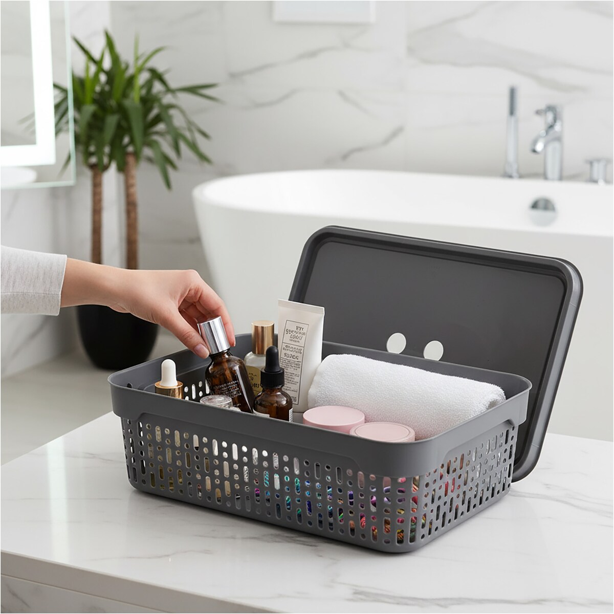 Koszyk Koszyczek Ażurowy M Plastikowy Na Kosmetyki Do Łazienki Pojemnik Z Pokrywką Zamykany Z Dziurkami Szary
