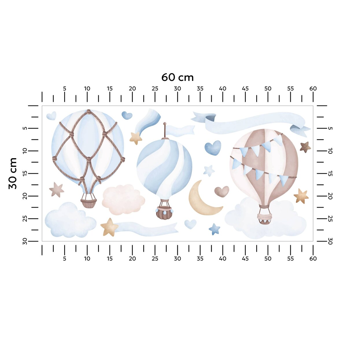 Naklejki Ścienne Dla Dzieci Balony Chmurki Gwiazdy Serca Styl Boho ZESTAW 60x30cm