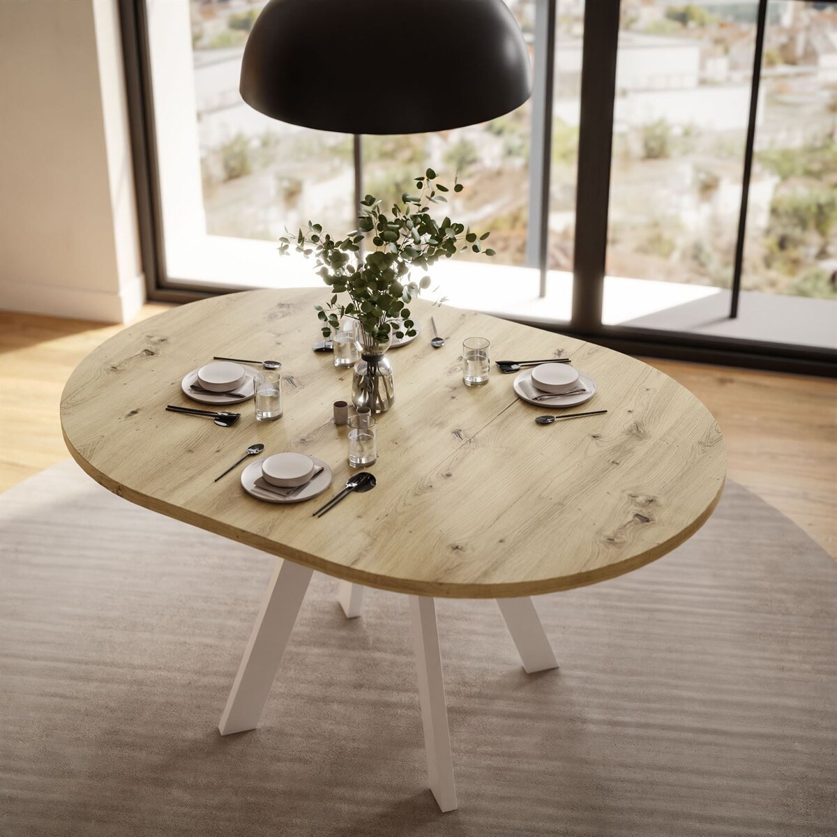 Okrągły stół rozkładany VOLTA LOFT, nogi białe, blat dąb artisan
