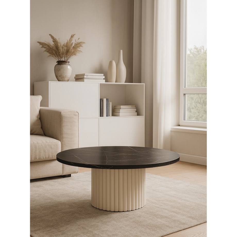 Stolik kawowy Riko średnica blatu 90cm-czarny marmu, kaszmirowa podstawa