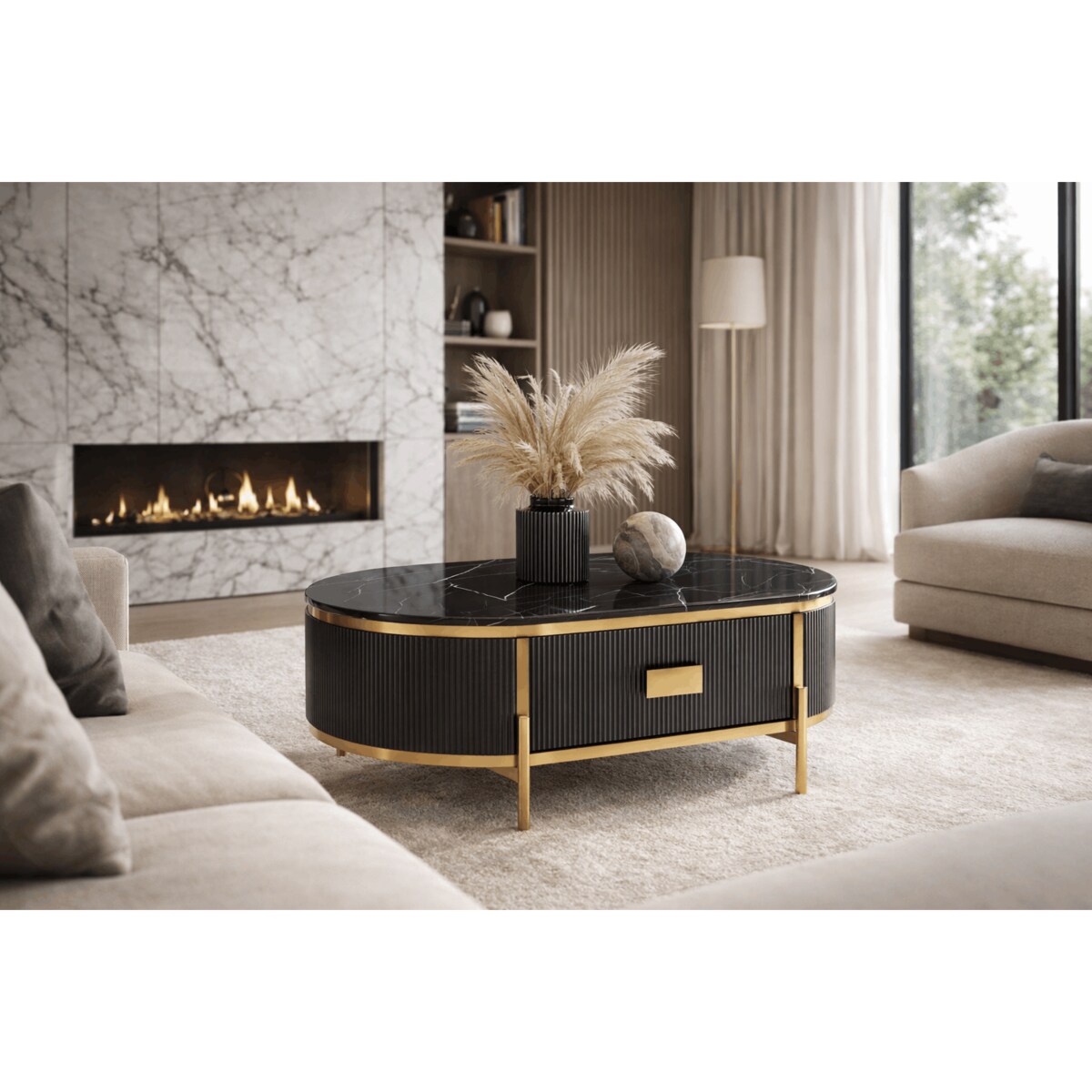 Grafitowy stolik kawowy glamour Omega ryflowany 124x71x48