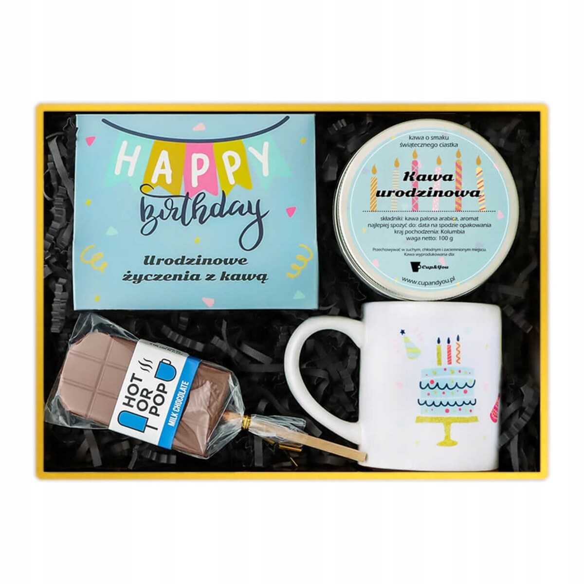 Zestaw na URODZINY z kawami smakowymi, lizakiem z czekolady, kubkiem GIFT