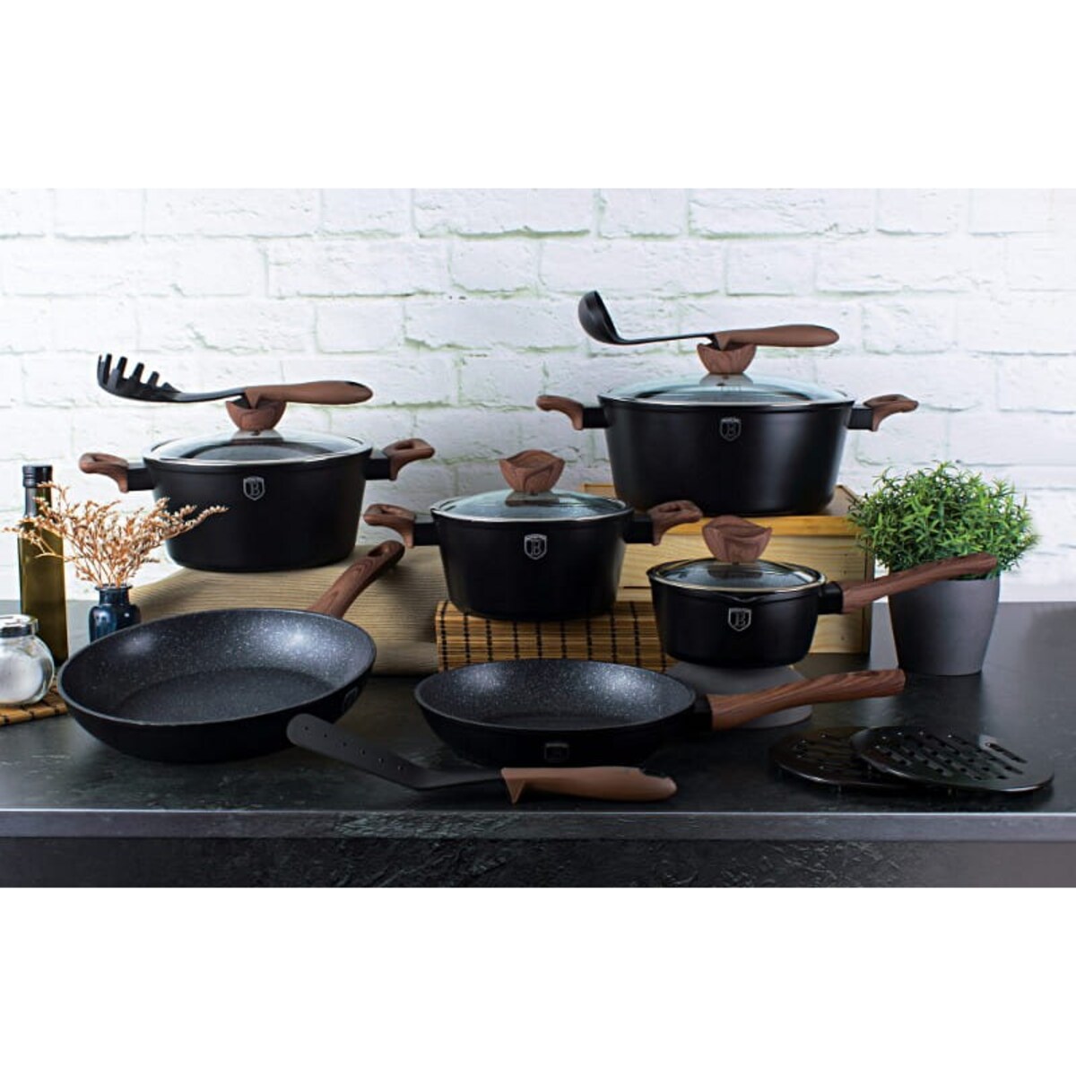 Zestaw 15 elementów garnki, patelnie, akcesoria Ebony Rosewood Berlinger Haus BH-1537