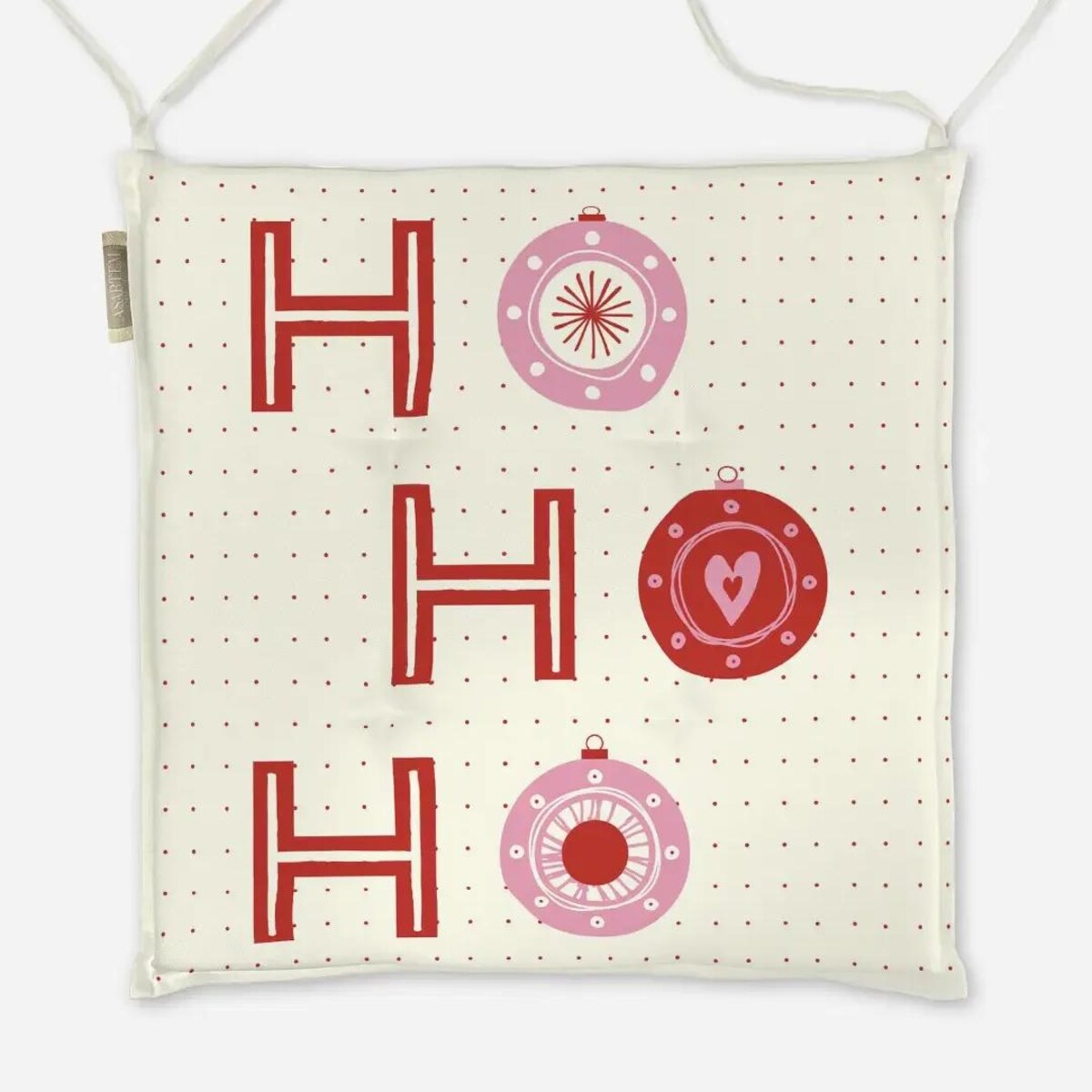 Poduszka świąteczna na krzesło - HO HO HO - bombki - beżowe tło